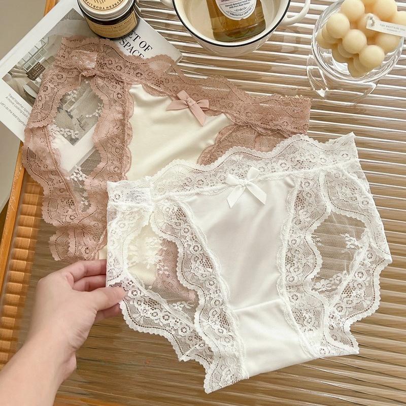Pure Desire Lace Panties for Women Summer Thin Sexy Bow Satin Breathable Girl High Slit Low Waist Briefs