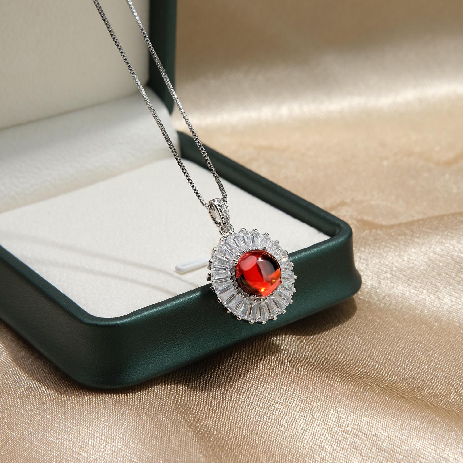 925 Sterling Silver Luxury Design Round Red Zircon Necklace Wedding Anniversary Party Gift
