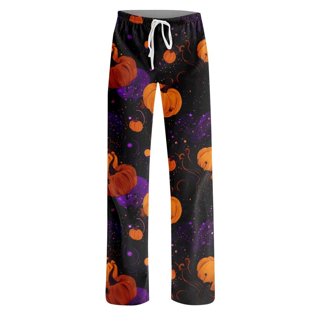 Women Drawstring Waist Halloween Print Long Pants Casual Loose Fit Trousers for Daily Home Lounge Wear