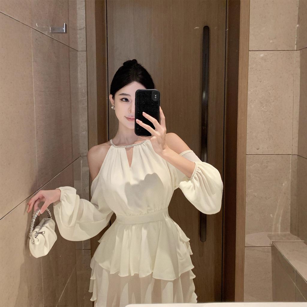 Spring and summer new French off-the-shoulder chiffon dress loose and thin ruffle edge elegant versatile fairy dress