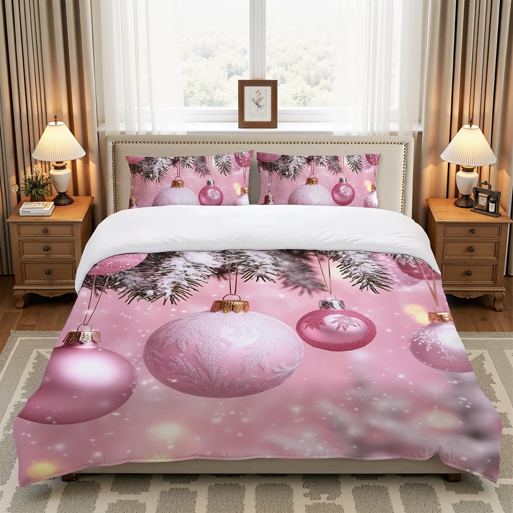 3pcs Pink Christmas Baubles Duvet Cover Set - Festive Holiday Design with Golden Balls & Snowflakes, Breathable Polyester