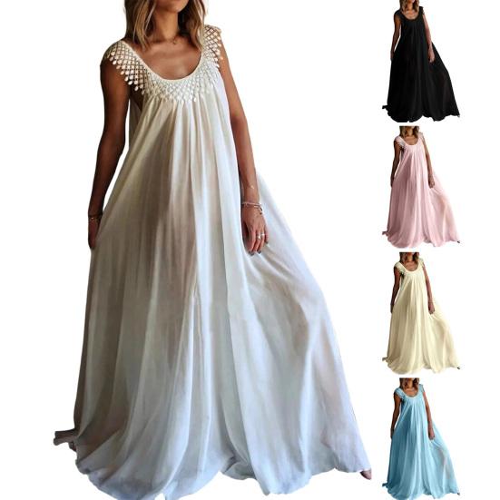Women Casual Maxi Dress Boho Tassels Sleeveless Crew Neck Beach Sundress Summer Flowy Cocktail Party Dress