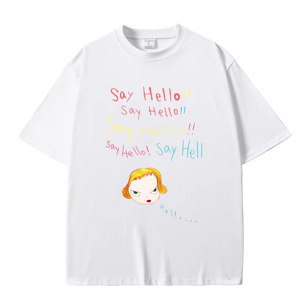 Yoshitomo Nara Sag Hallo Lustige Meme T-Shirts Sommer Unisex Unisex Lässiges Übergroßes T-Shirt Unisex Y2k Kunst Ästhetische T-Shirts