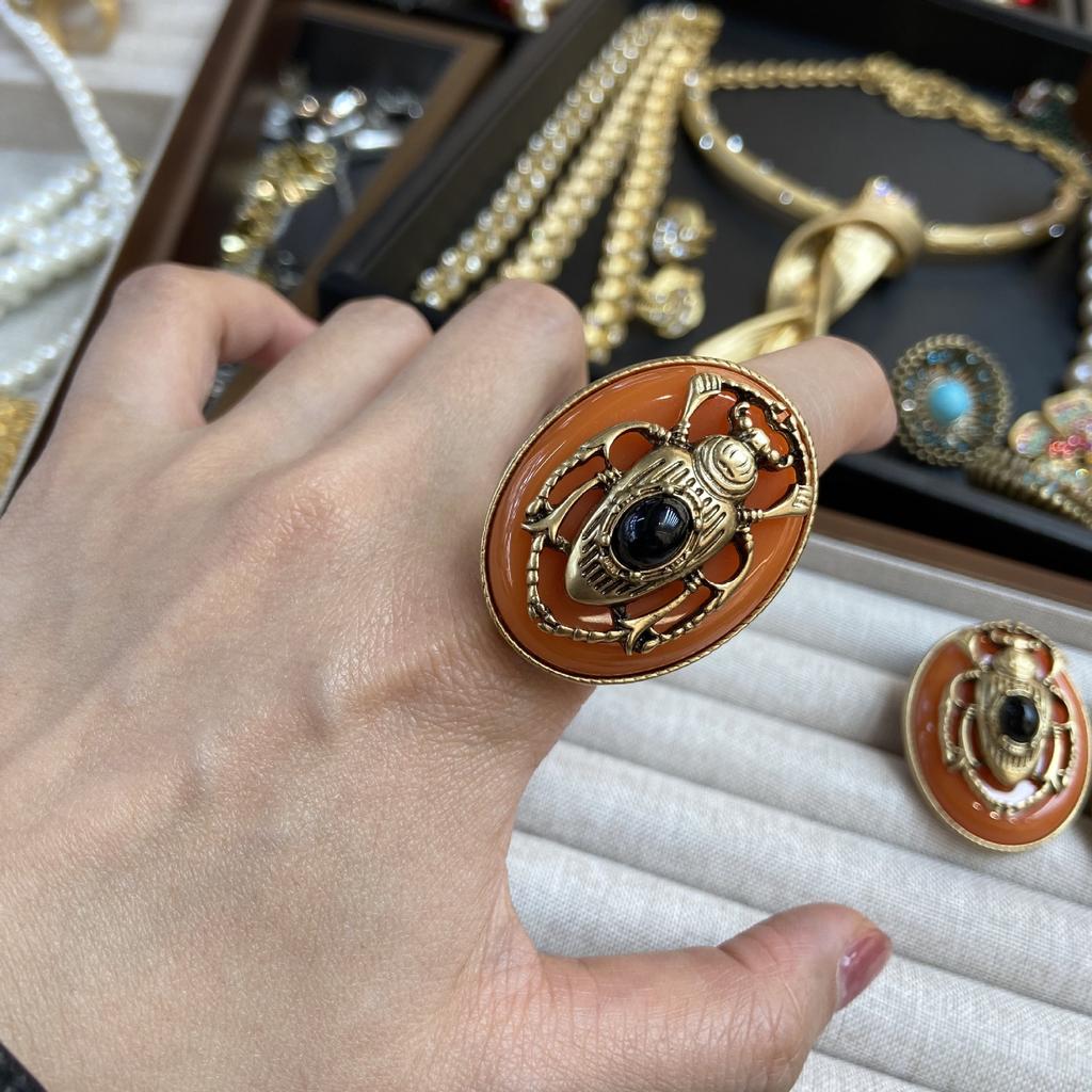 Russian Gold Dripping Orange Retro Insect Scarab Beaded Double Layer Necklace Ear Pat Ring Brooch Set