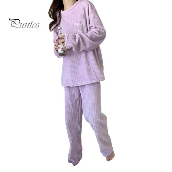 

Комплект из 2 предметов унисекс, зимняя пижама, круглый вырез, однотонный утолщенный коралловый флис, домашняя одежда, топ и штаны, свободная домашняя одежда, женская ночная одежда фиолетовый