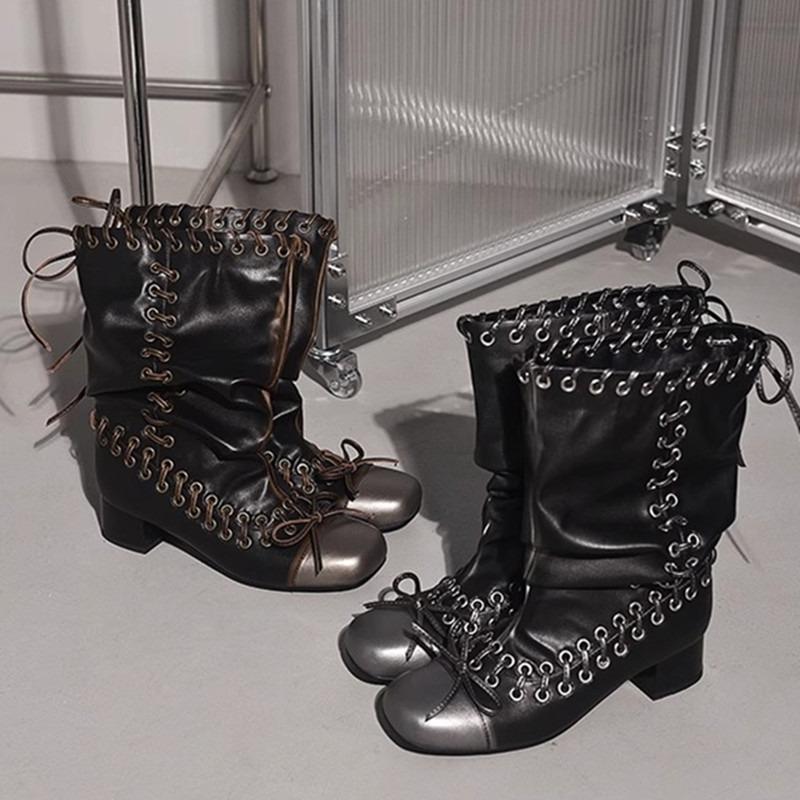 Fashion Vintage Pleated Mid-Calf Boots Cross-tied Square Toe Mid Heels Luxury Leather Fashion Novelty Sexy Concise Autumn Women Shoes