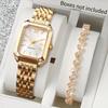 2PCS Fashion Square Dial Women Wristwatch Set Elegant Ladies Quartz Watch With Heart Bracelet Reloj Mujer (Without Box)