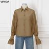 VONDA Women Lapel Neck Long Sleeve Semi-Sheer Thin Casual Shirts Blouse
