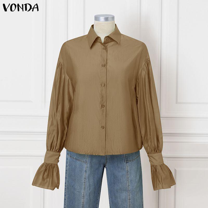 VONDA Women Lapel Neck Long Sleeve Semi-Sheer Thin Casual Shirts Blouse