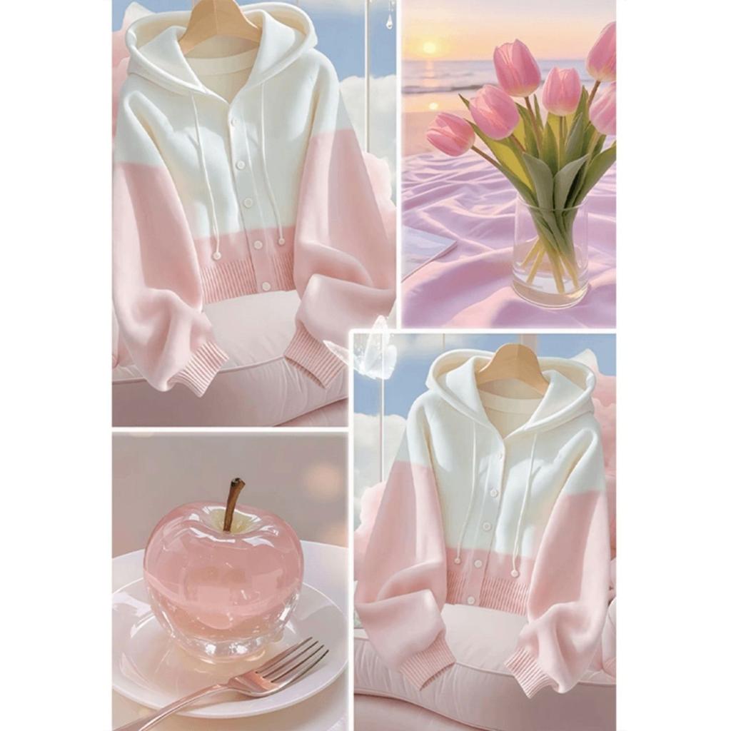 Pink and white splicing with hooded knitted cardigan sweater women's new seasonal Korean atmosphere top