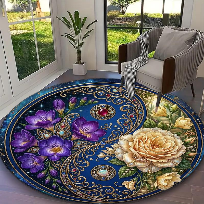 [Golden Rose Yin Yang Printed Carpet] Durable Home and Office Round Rug, Kitchen Farmhouse Decorative Floor Mat