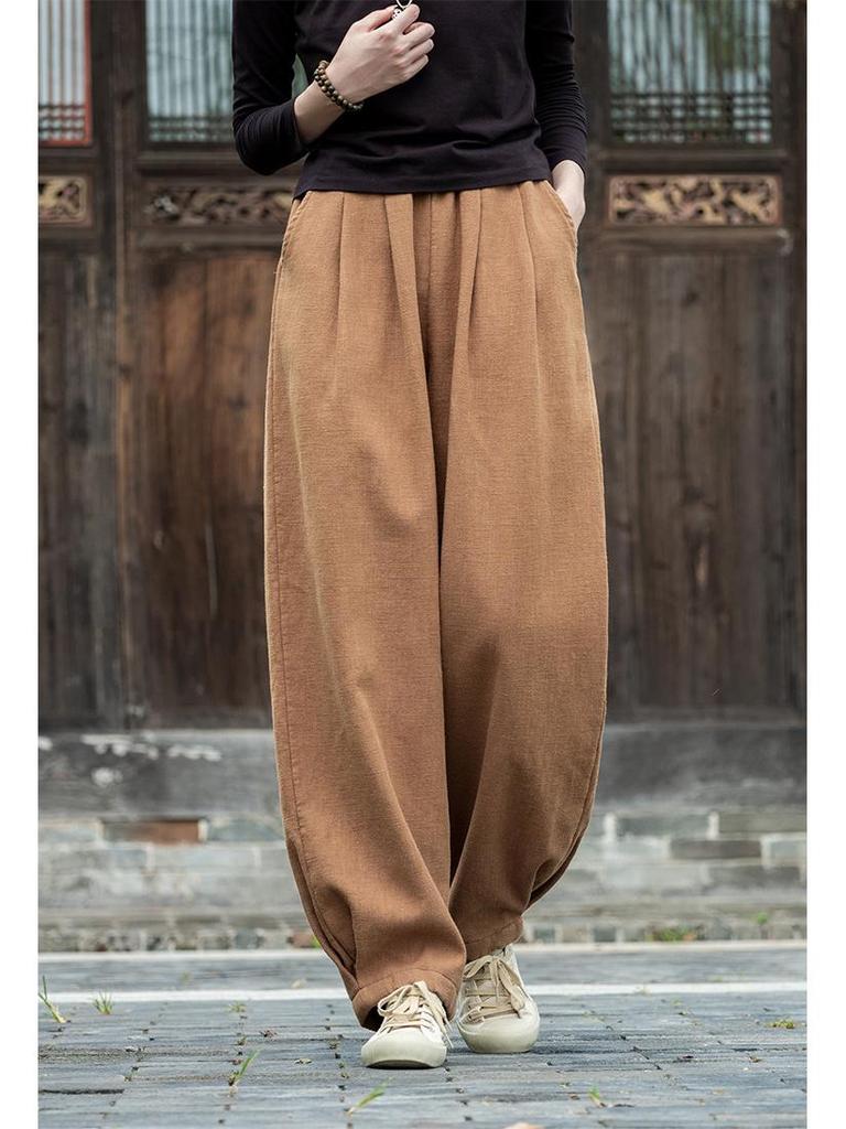 Spring 2026 Women's Cotton & Linen Lantern Pants: Artistic, Sand-Washed, Slimming, Casual Fit