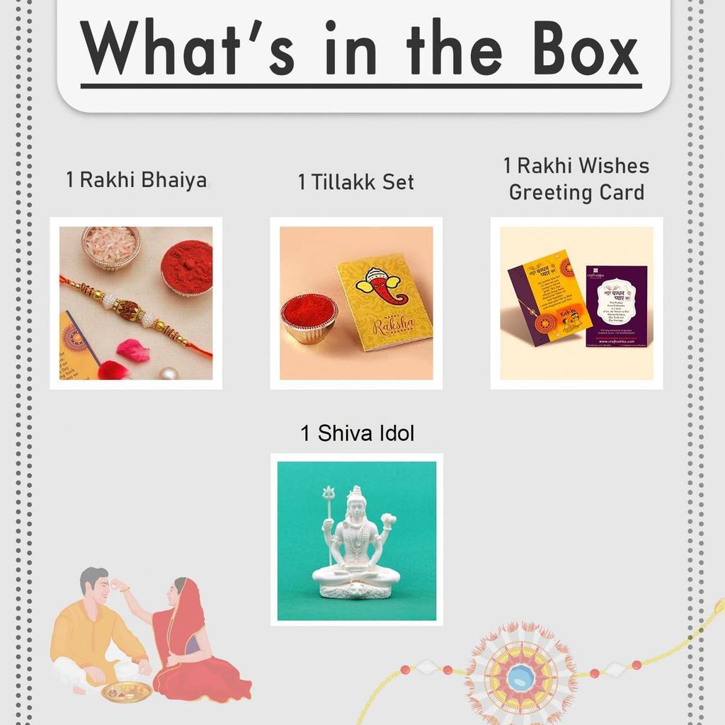 Rakhi-Geschenkset mit Shiva-Figur für den Bruder – 4er-Pack (1 Shiva-Statue, 1 Rakhi, Tilak-Set, Grußkarte)