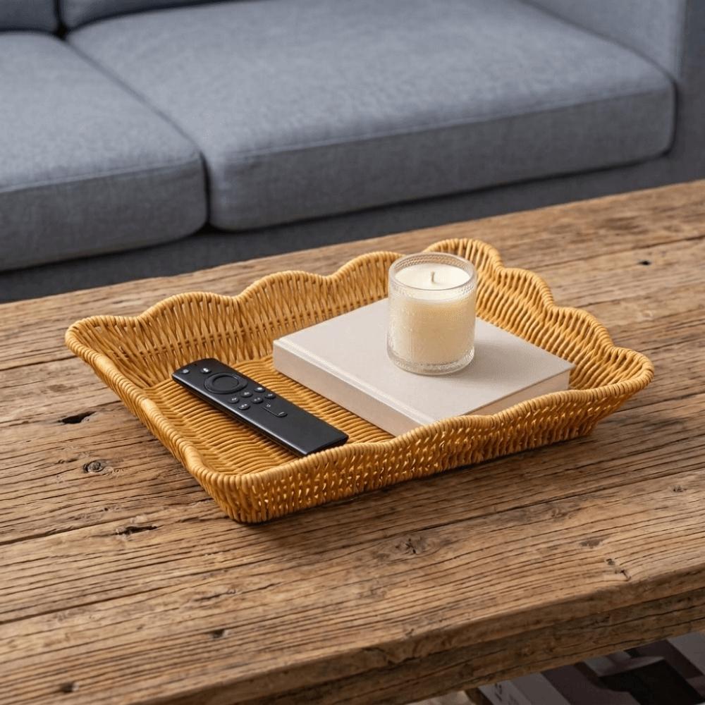 Plastic Hand Woven Storage Basket Rectangular Bread Storage Tray Durable Fruit Plate Picnic