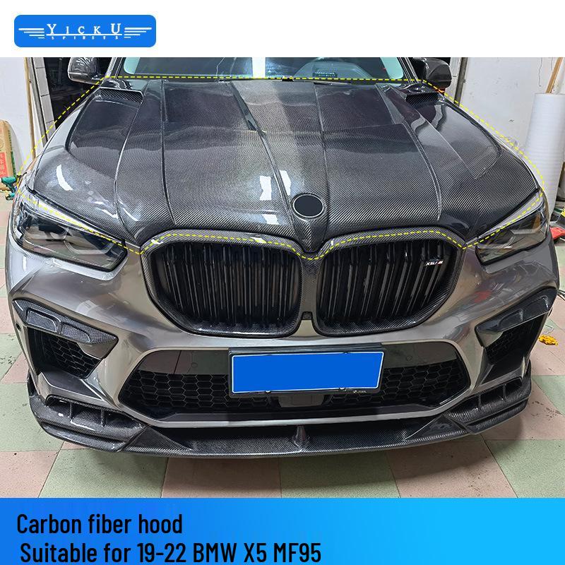 BMW X5M F95 Carbon Fiber Body Kit: Front Lip Splitter, Rear Lip, Side Skirts, Wind Deflectors, Tail Wing with Lights.