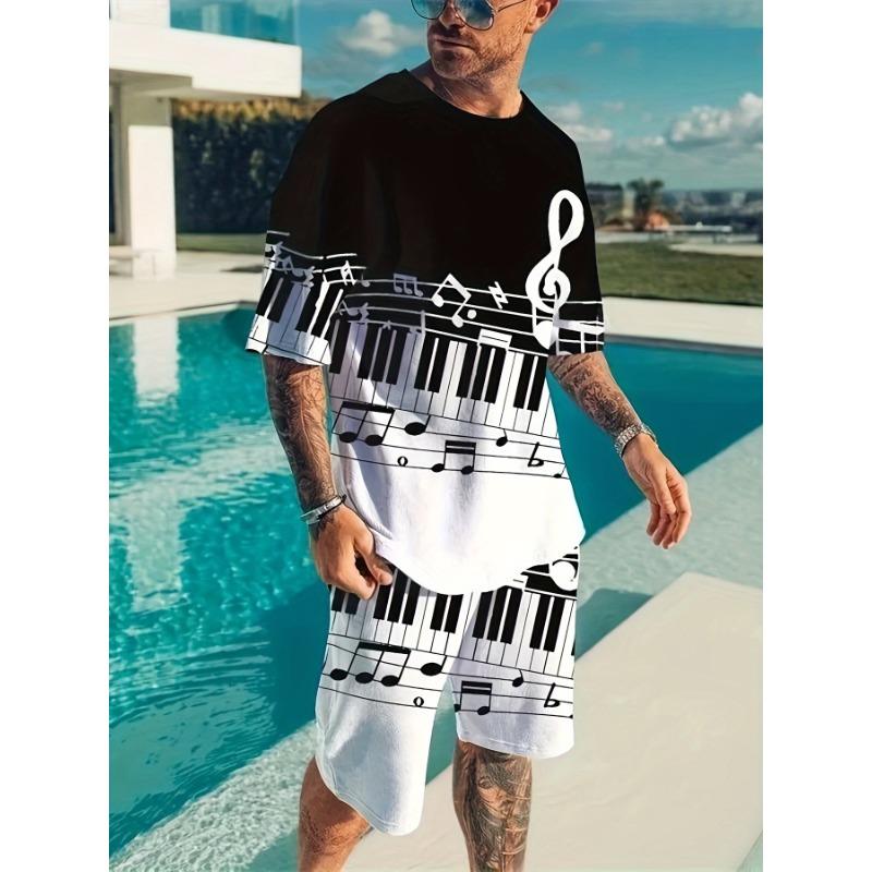 Модный Мужской Спортивный Костюм Летний Повседневный Дышащий Свежий Короткий Рукав Шорты Уличный Узор Гитара 3D Печать Костюм S