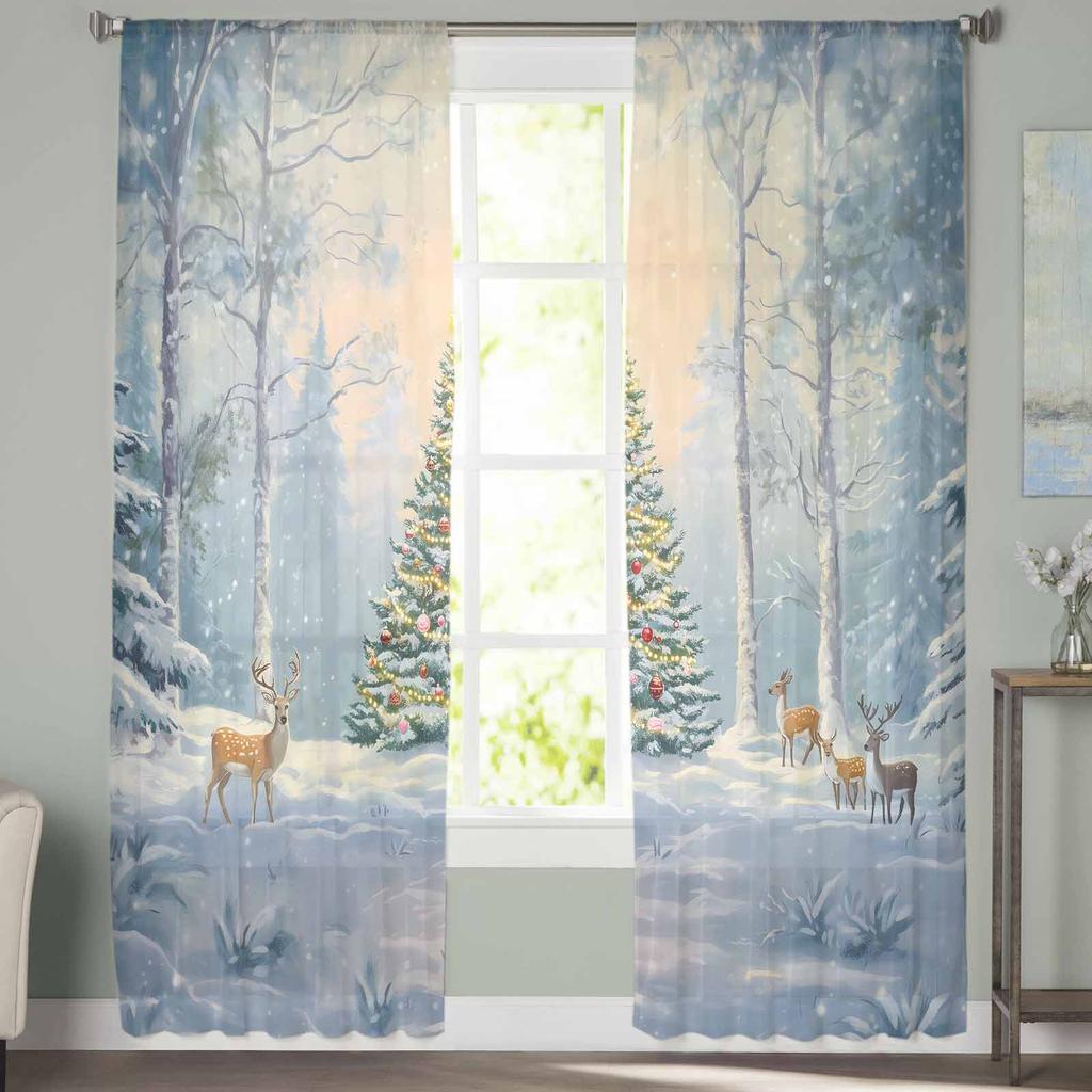 Christmas And Winter Reindeer Curtains For Living Room Bedroom Home Decoration Window Voile Tulle Curtain Drapes
