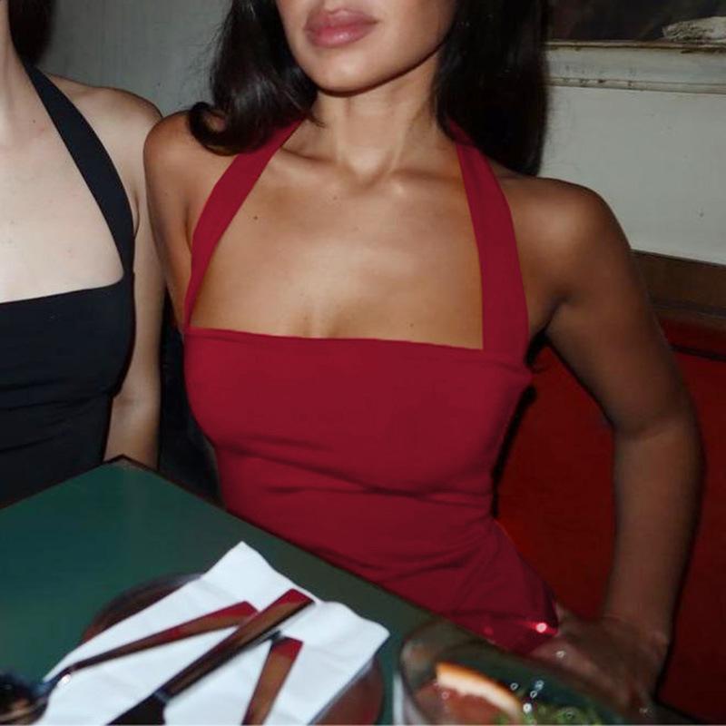 Sleeveless Halter Bodycon Backless Lace Up Crop Tank Top Women’S Solid Sexy Elegant Y2K Top Party Clubwear Summer Outfit