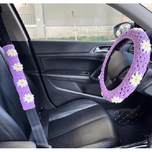 Car Steering Wheel Cover Warm  Anti Slip Grip Seat Belt Safe Hand Crocheted Flower Design for Stylish Car Decor Winter Simple