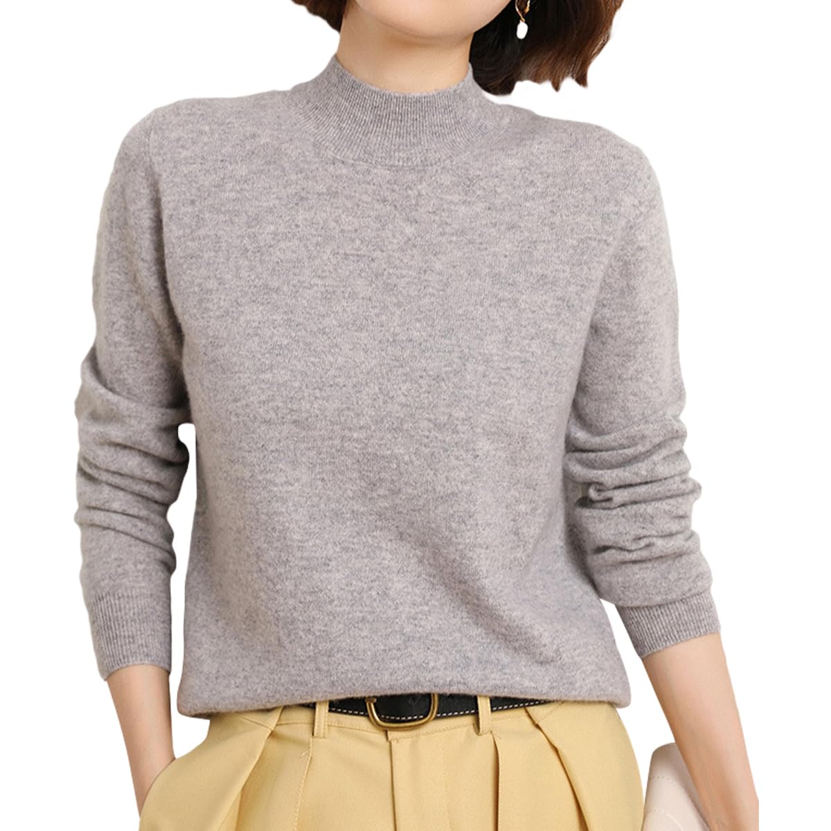 

High neck knit top sweater long sleeve plain casual autumn winter neat simple stretchy inner thick rib knit knit sweater turtleneck mock neck warm cut серый