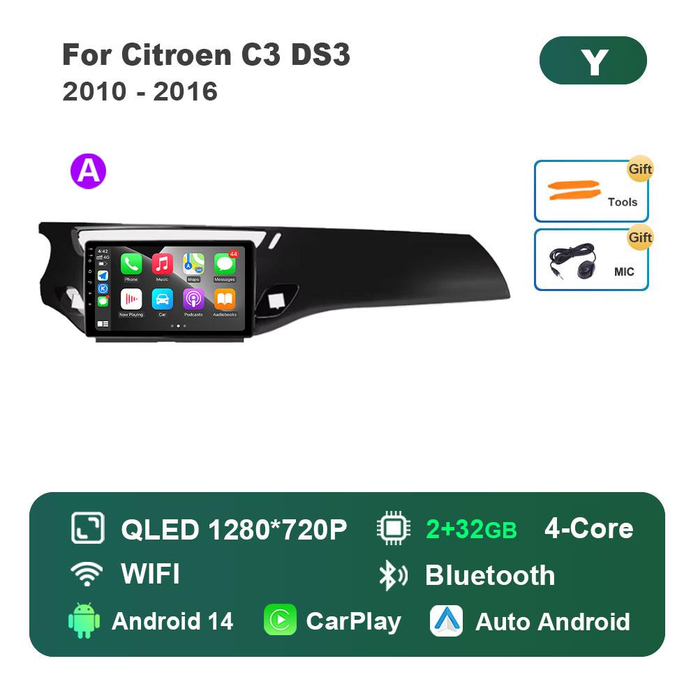 Car Video Multimedia Player DSP Stereo for Citroen C3 DS3 2010 - 2016 Android 14 System GPS Navi WiFi IPS Screen 4G Bluetooth