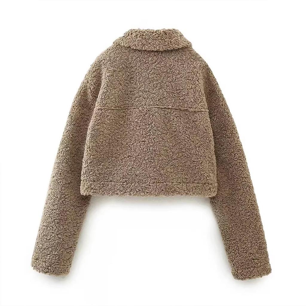 Women's Fleece Warm Lapel Short Long-sleeved Jacket