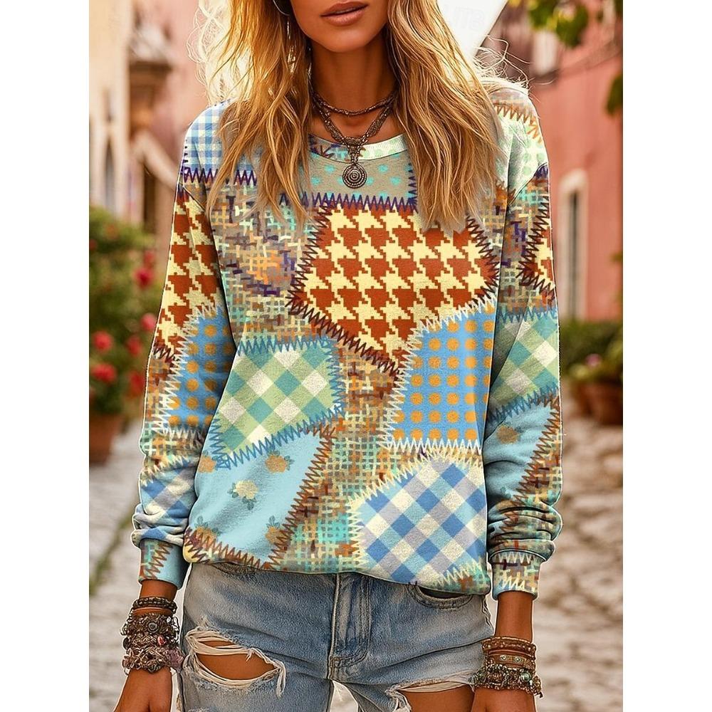 

Осень Зима Пуловер Женская Графический Геометрический Ретро Свитшот 3D Принты Круглый Вырез Длинный Рукав Топы Женская Одежда Уличная Одежда M