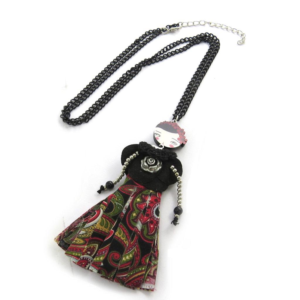 Les Trésors De Lily [N1695] - Designer Necklace 'Articulated Doll' Black Red Green - 80 Cm - 11x8 Cm