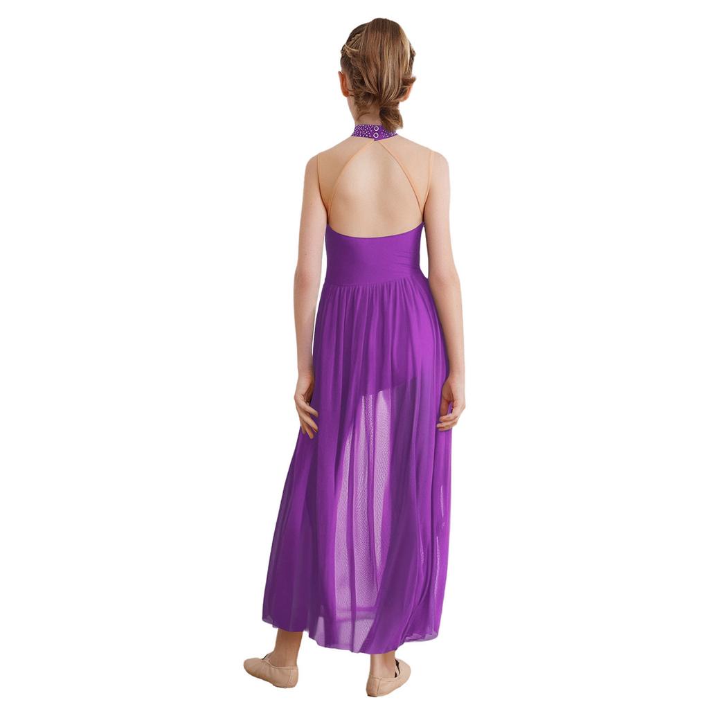 Girls Lyrical Performance Dress Sleeveless Sparkling Sequins Top And Color Block Side Split Skirt