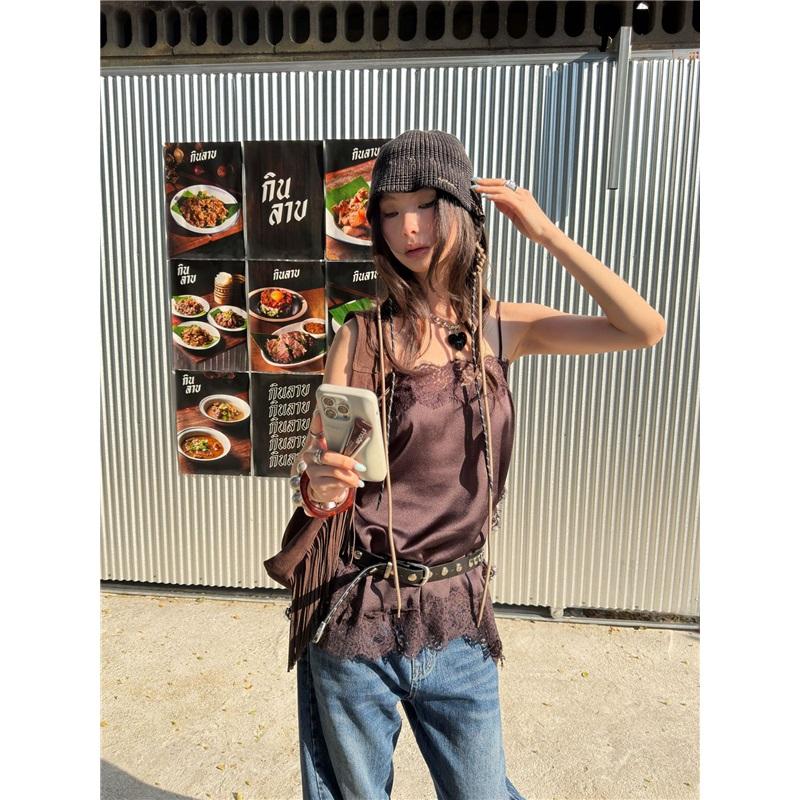 Silk-like Lace Trim Outerwear Camisole Top