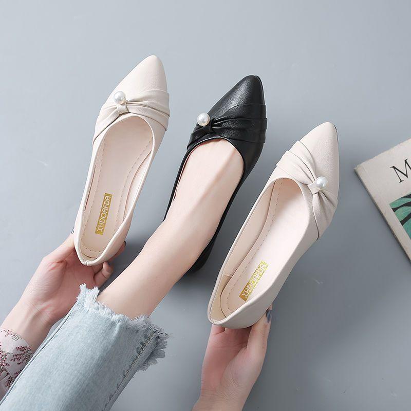 Shoes for Women Slip-on Pearl Low Heel Elegant Pointed Toe Woman Flats Stylish Lastest Genuine Mark Offer Korean Style Promotion
