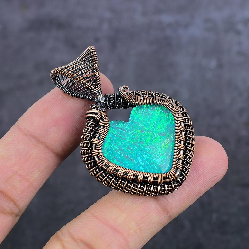 Blue Triplet Opal Handmade Copper Wire Wrap Jewelry Pendant 2.09" L1I40