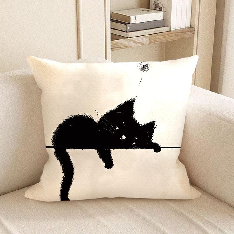Cute Black Cat Cartoon Throw Pillow Cover - Minimalist Animal Home Decor