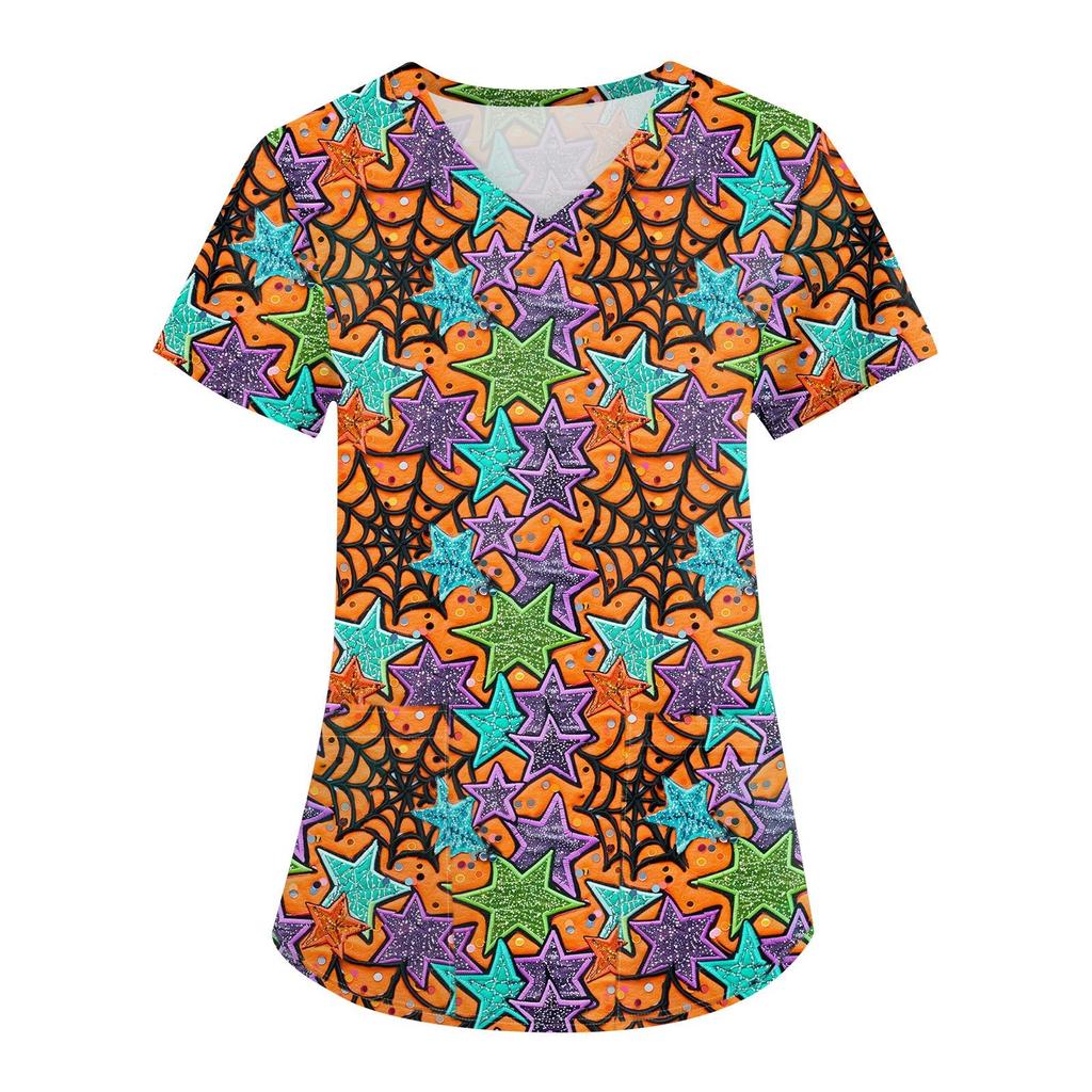 Damen Halloween Print Uniform Arbeitsuniform V-Ausschnitt Tasche Schutz Arbeitsuniform
