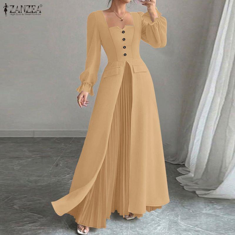 ZANZEA Women Casual Square Collar Long Sleeve Elegant Long Dress