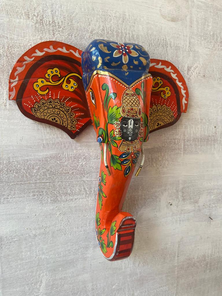 Hand Painted Wooden Elephant Mask: Shrinathji Pichwai Art Wall Hanging
