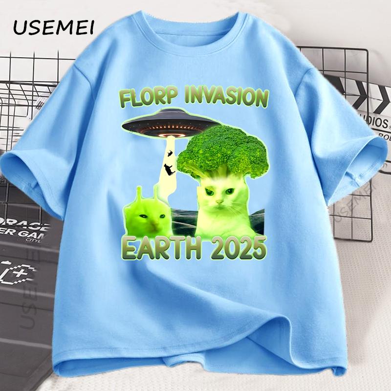 

Funny Alien Brainrot Cat T-Shirt Broccoli Cat Printed Tshirt Cotton Short Sleeve Round Neck T Shirt Men s Clothes Streetwear 4XL