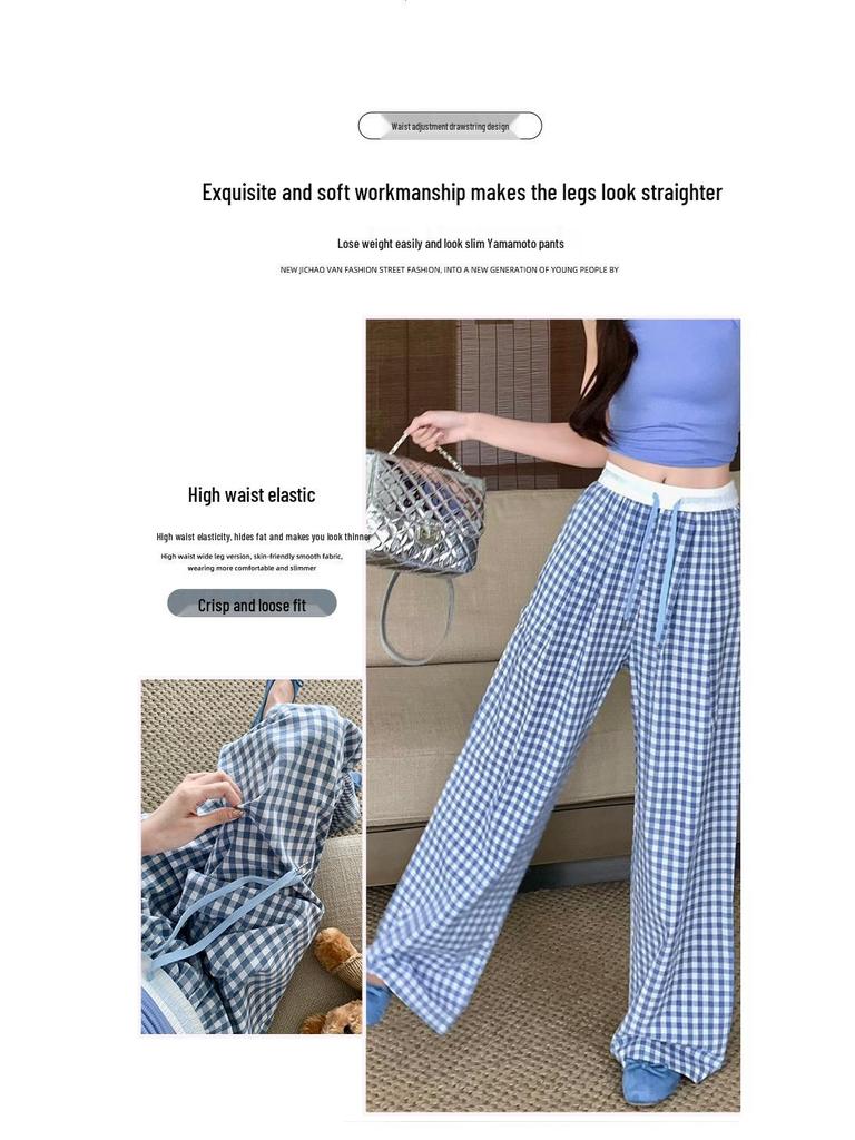 Petite Pink Plaid High Waist Wide Leg Summer Trousers for Women