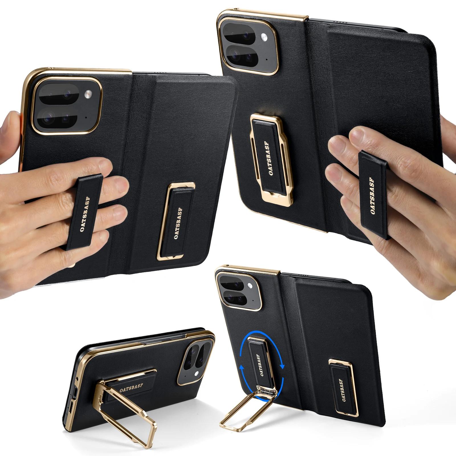 Eary For Google Pixel 9 Pro Fold Phone Case With Dual Wristband Leather 360° Rotate Stand Shockproof Protector Full Cover Bumper For Pixel 9 Pro Fold&Leather чёрный