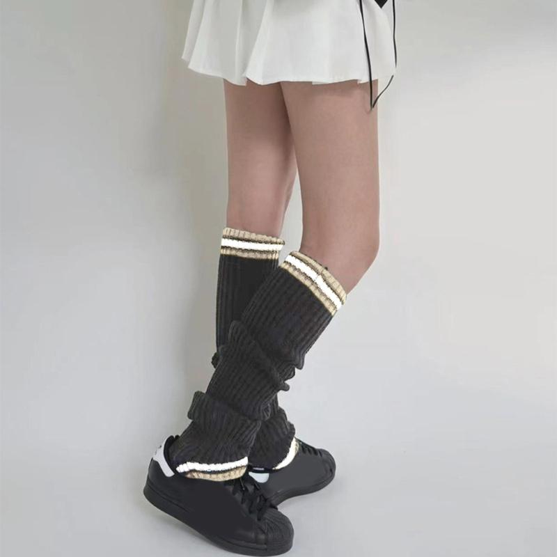 Student Vintage Double Striped Ribbed Knit Leg Warmers Slouch Leg Covers Boot Cuffs Stretchy Long Boot Socks for Women