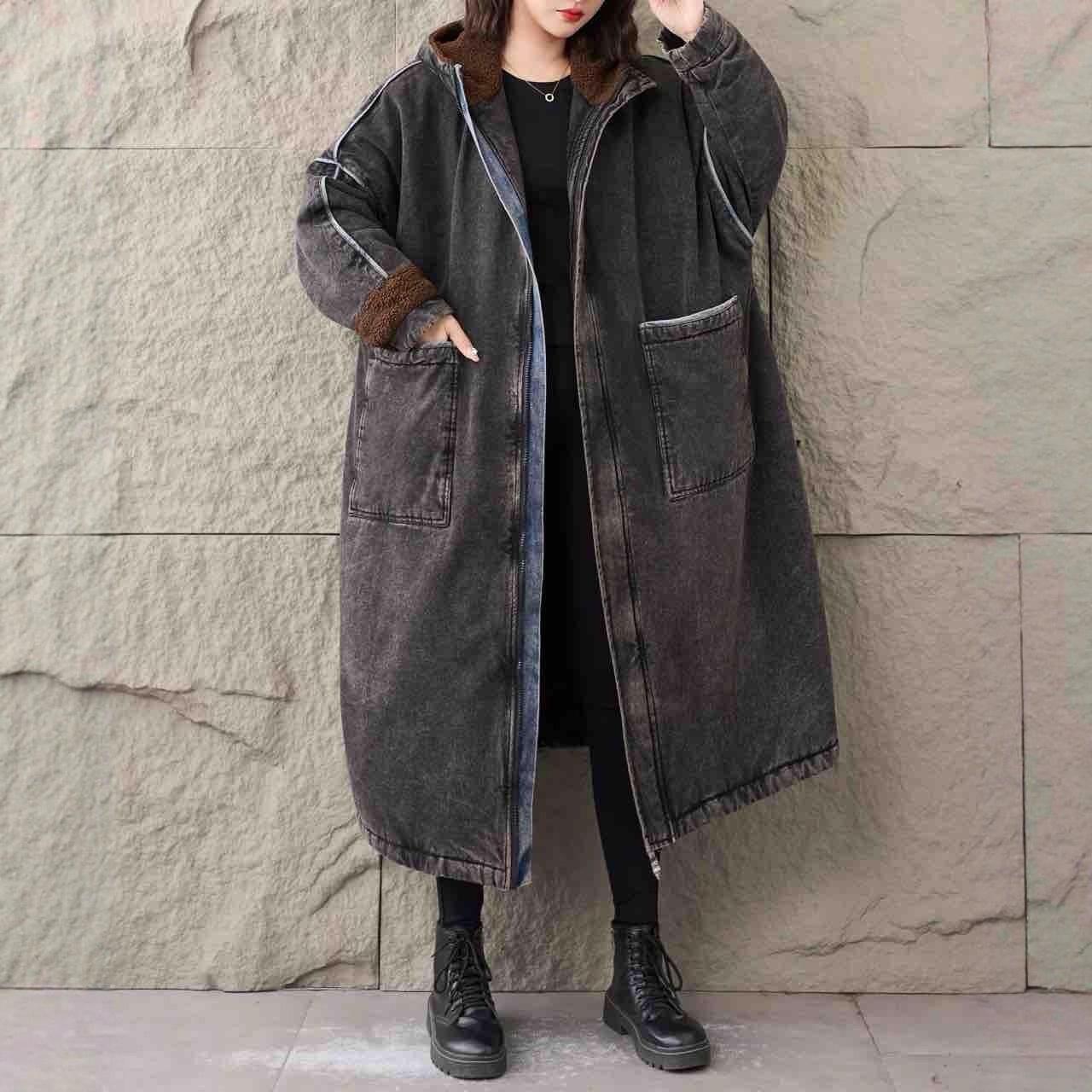 Oversized Women`s Hooded Mid-Length Denim Cotton
