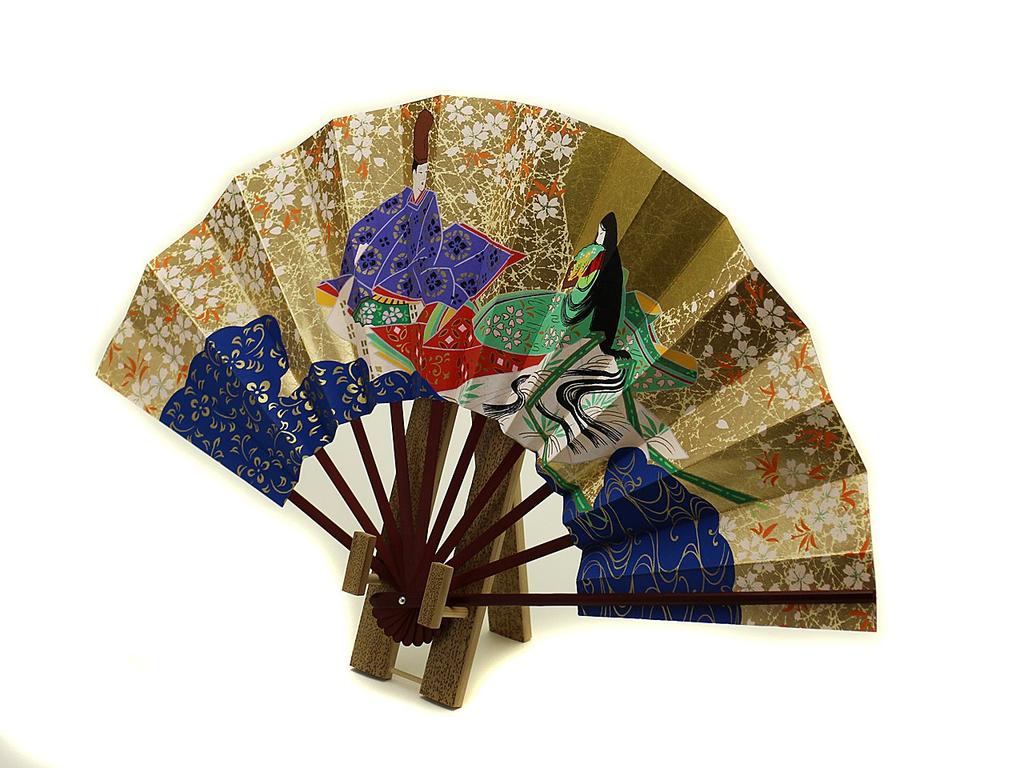 decorative fan featuring the Tale of 9 made in with a fan stand and This fan features a Japanese pattern and is perfect for entryway interior or as a