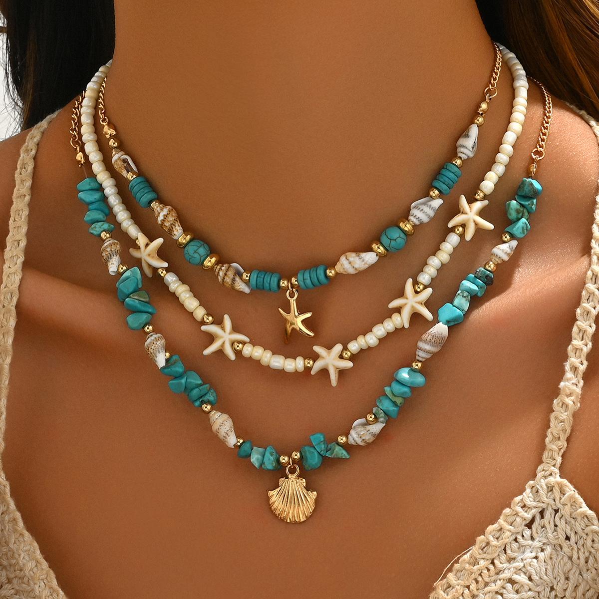 3Pcs Set Layered Turquoise Shell Starfish Necklace for Women Boho Beaded Necklaces Summer Beach Vacation Party Jewelry