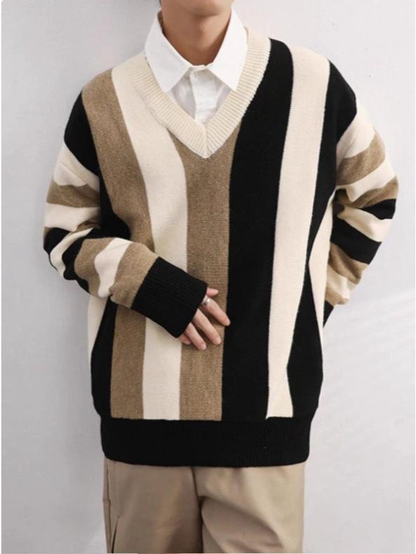 Men's Korean Style Striped V-Neck Autumn/Winter Loose Knit Color Block Pullover Sweater