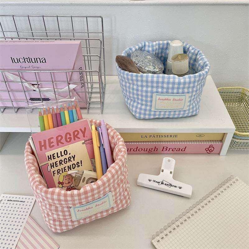Fresh Plaid Stripe Grid Fabric Storage Basket Household Washable Decorative Bins Ins Stackable Miscellaneous Desk Storage Basket