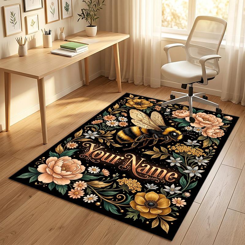 Bee Theme Soft Crystal Velvet Rug Custom Name & Text Print Non Slip Floor Rug for Bedroom Living Room