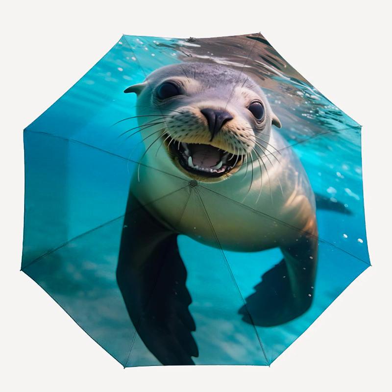1pc Seal, Ocean Automatic Folding Umbrella Automatic Open/Close, 8-Rib Durable Frame, Compact Travel Umbrella Suitable009