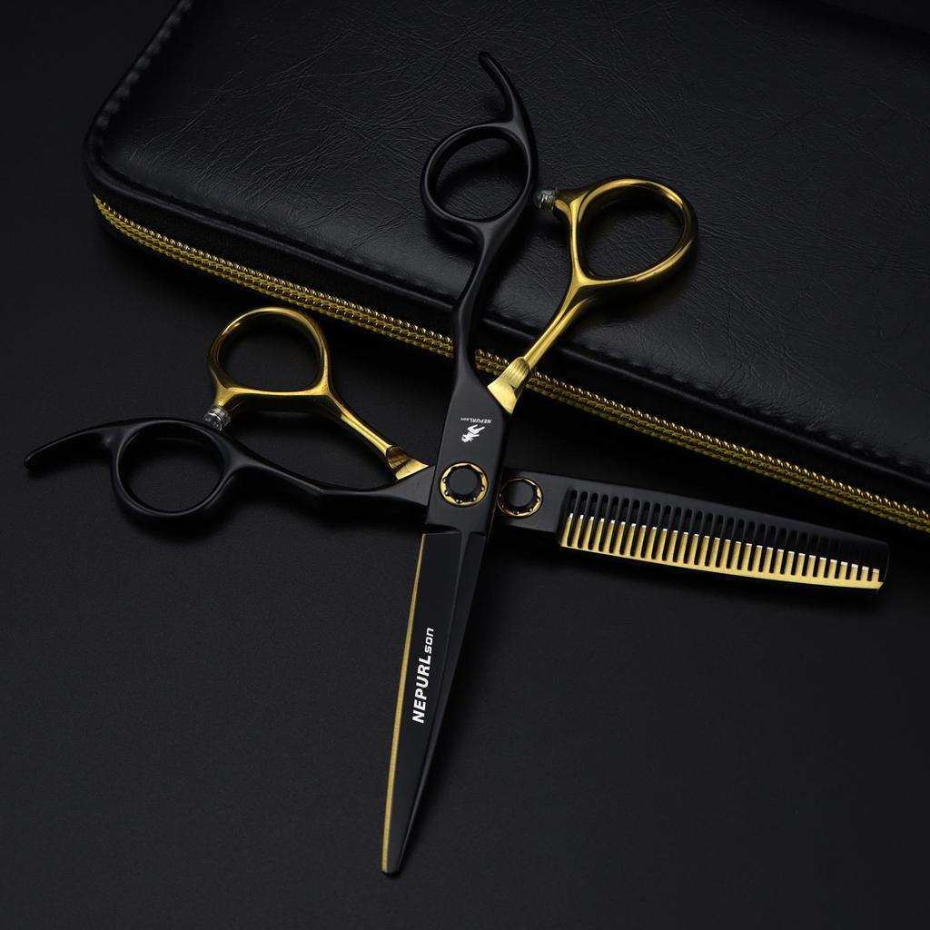 Black Gold Napsun Hairdressing & Barber Scissors Set - Straight & Thinning Shears.