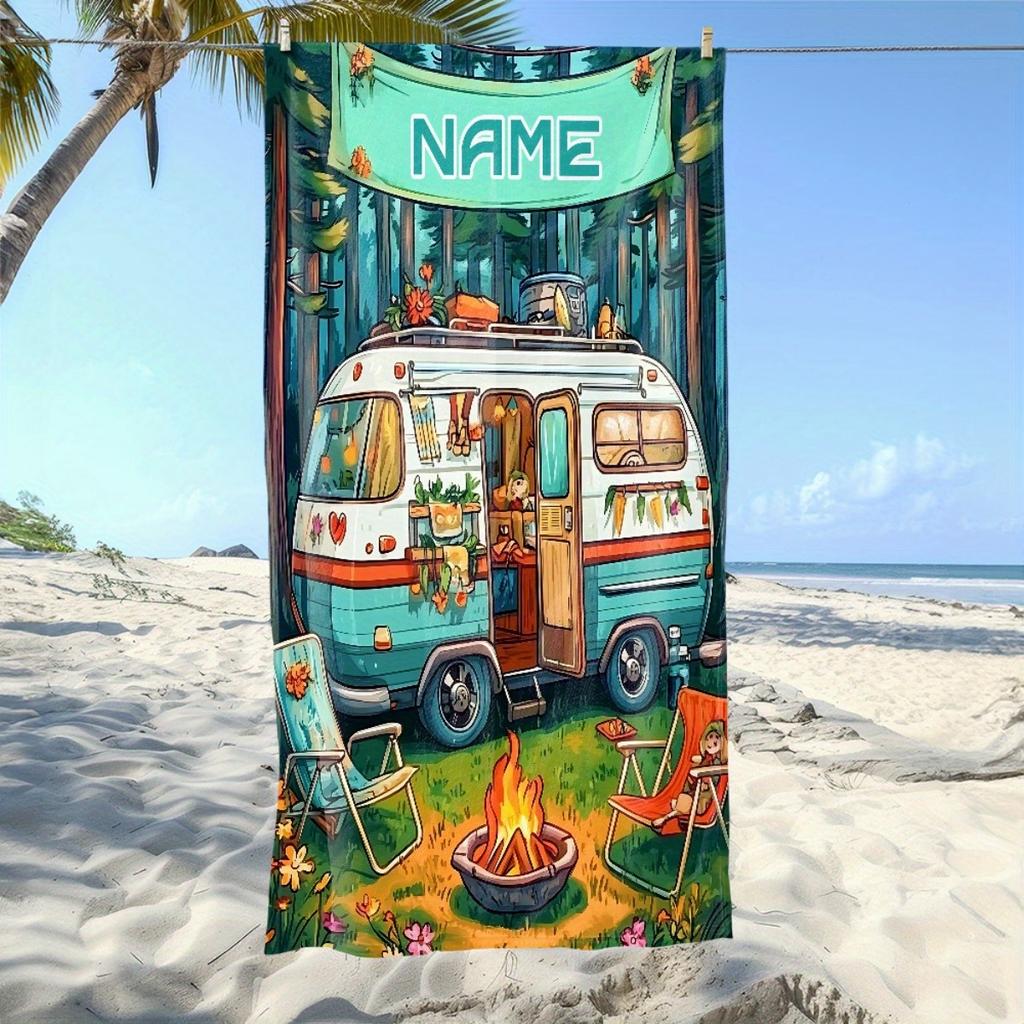 Custom Camper Van Beach Towel Personalized Name Print Soft Quick-Dry Large Bath Towel For Camping Lovers Travel