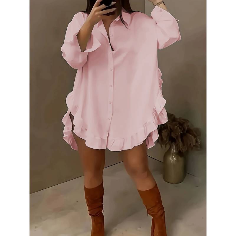 Pure Color Loose Fit Shirt With Ruffle Hem And Long Sleeves For Summer Casual Wear